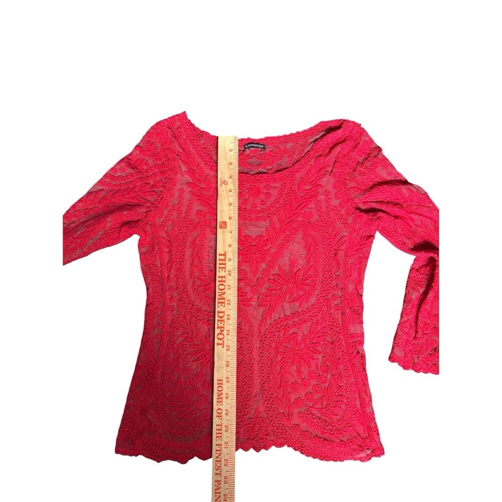 Express Red Lace Mesh Overlay Top Size Small Floral Embroidered Scalloped - Picture 10 of 14